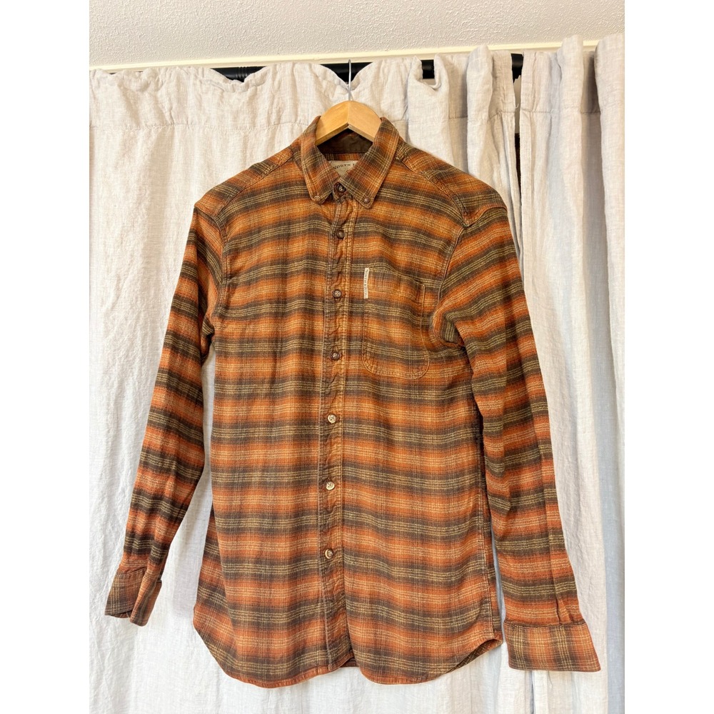 North River Mens Flannel Shirt Orange Brown Striped Button Down Long Sleeve L